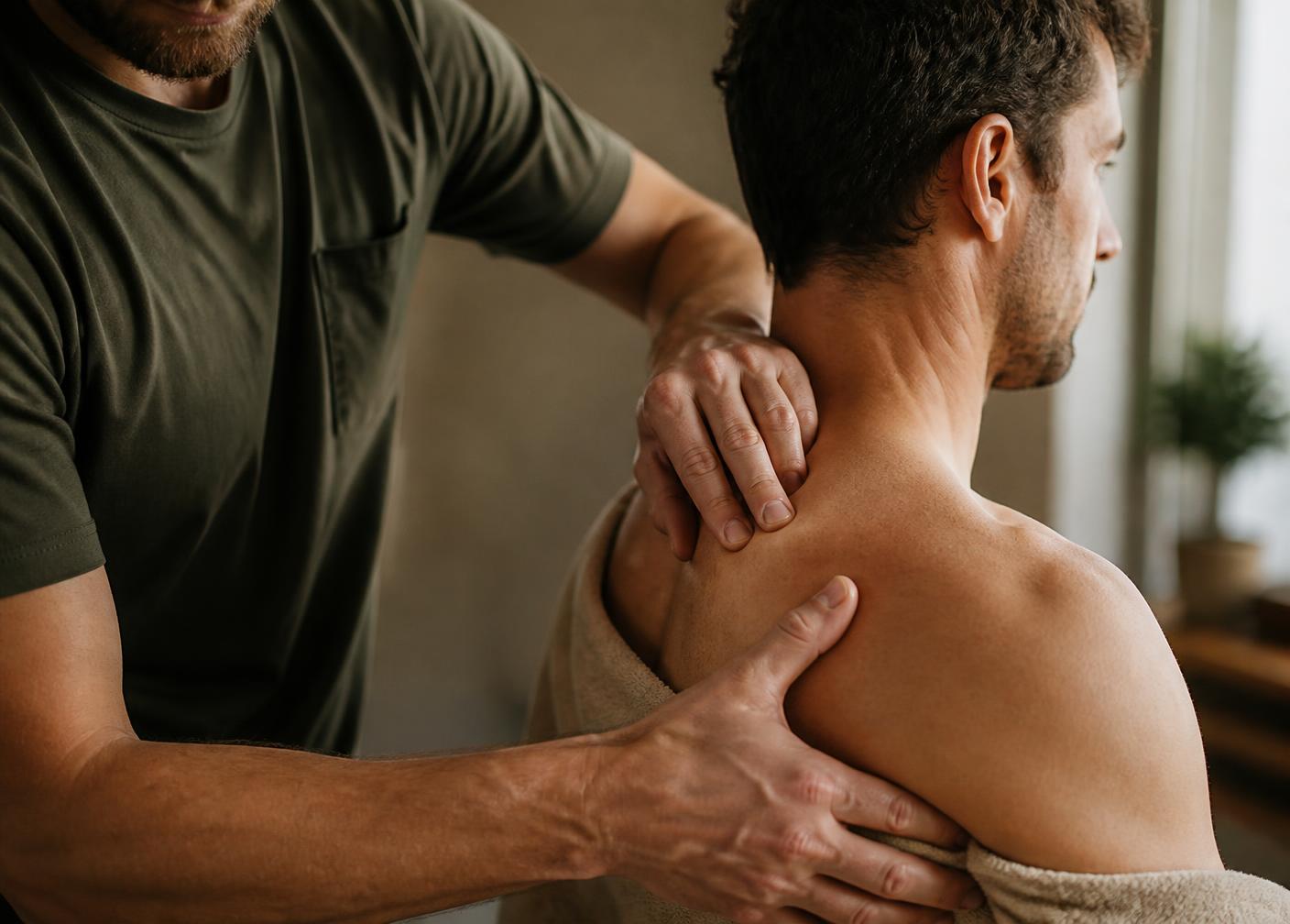 Fisioterapeuta trabajando manualmente el hombro de un paciente