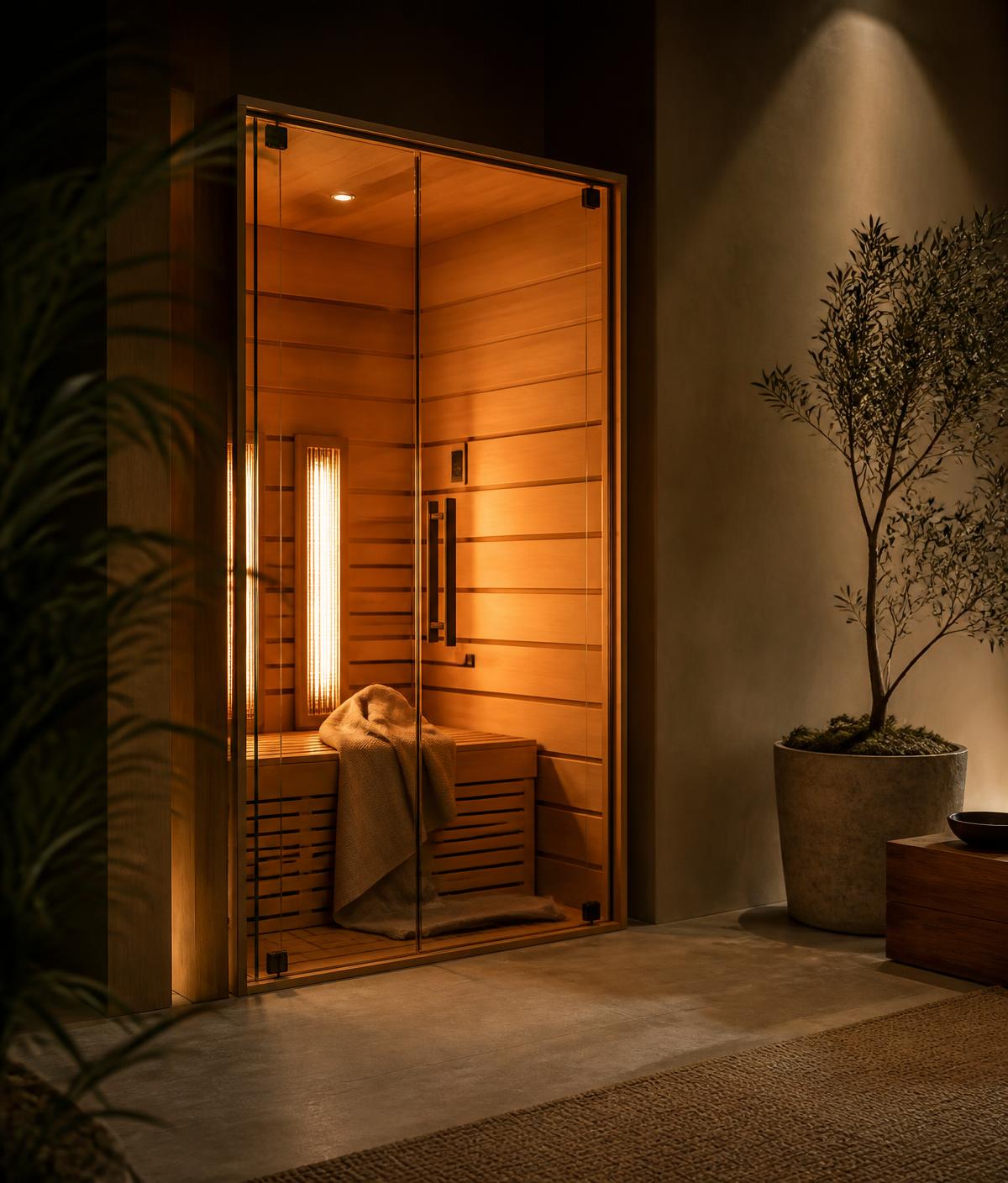 Sauna infrarrojo encendido, con luz ámbar cálida y toalla de lino en la banca