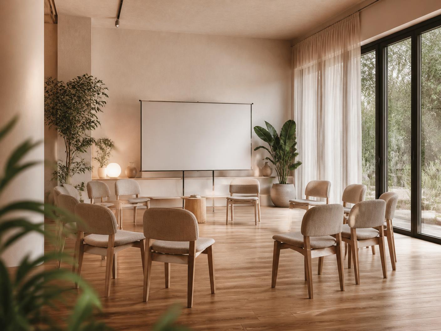 Espacio de MOOV preparado para un taller con sillas en semicírculo y pantalla